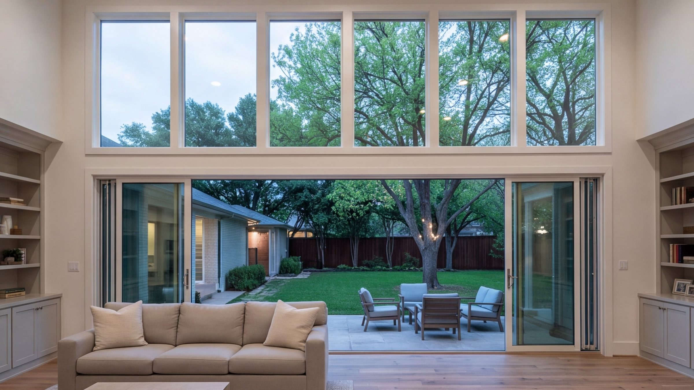 Remodeled family room with tall windows and wide doors open to a Dallas back yard