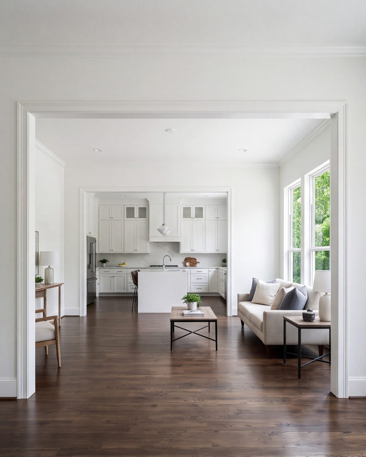 Remodeled living room with a wide cased opening into the kitchen of a Dallas home